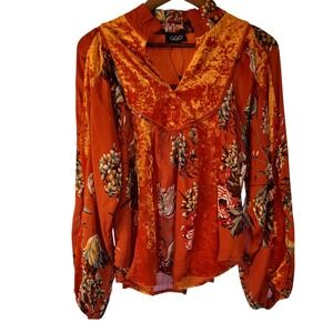 GiGio USA Orange Floral Velvetn Sheer Trim Long Sleeve Blouse Women's Size S